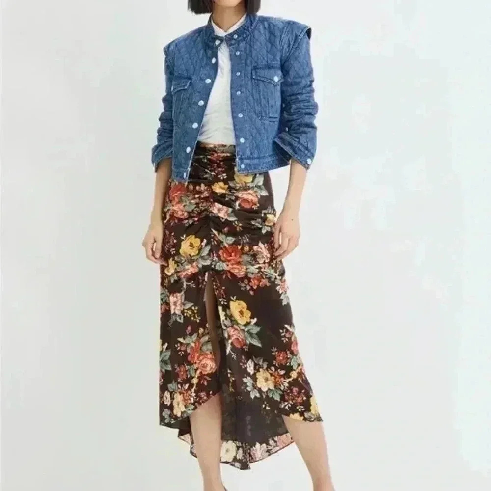 NWOT Veronica Beard Pixie ruched floral print satin midi skirt in Oxblood - Picture 5 of 8